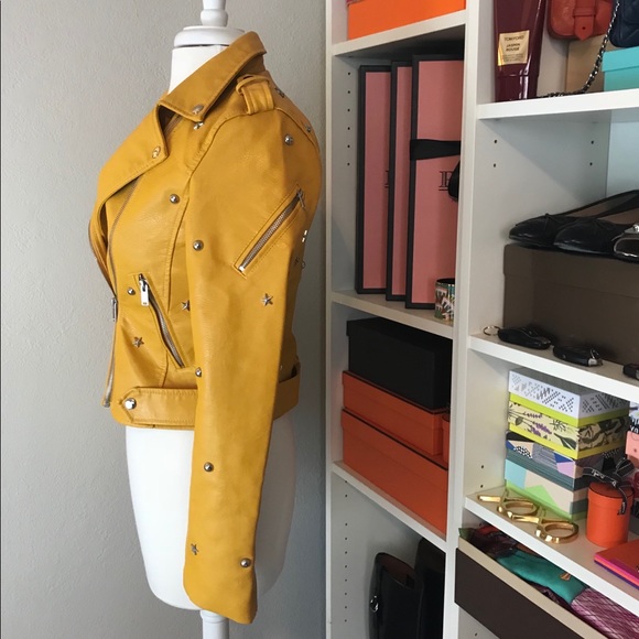 Star Studded Biker Moto Jacket Jaune Vegan Leather - Picture 4 of 8